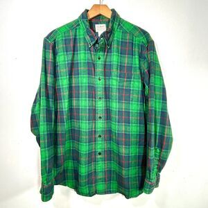 LL Bean Flannel Shirt Mens L Green Blue Plaid Long Sleeve